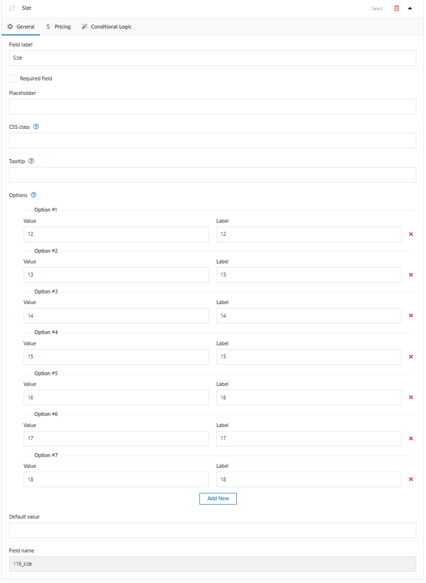 Wartości rozmiaru wybierz pole rozwijane