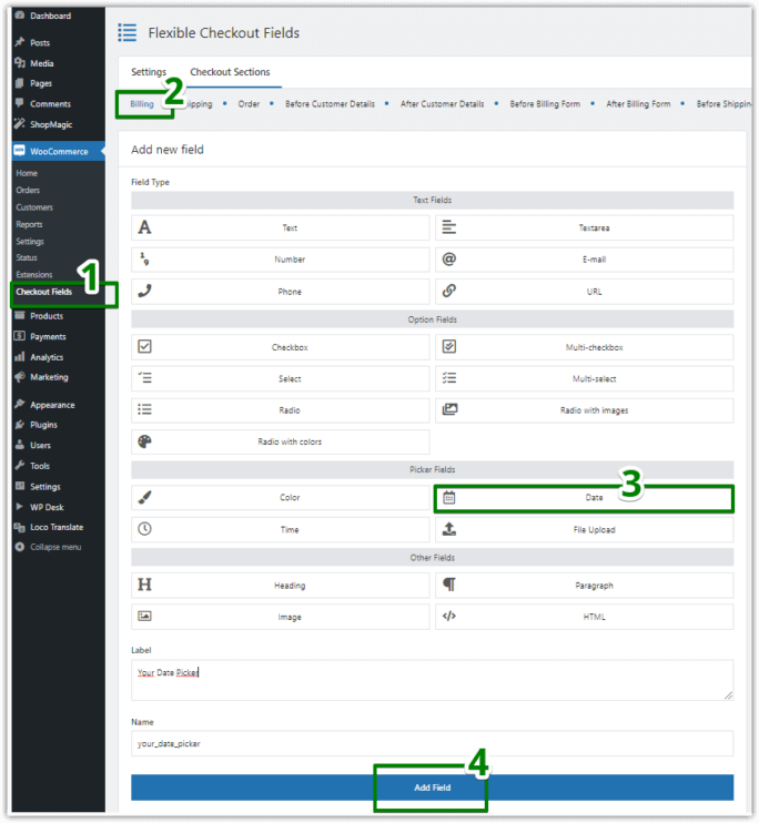 Selektor dat WooCommerce: dodaj nowe pole