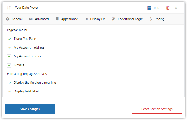 Twoje pole DatePicker dostawy WooCommerce : Wyświetl włączone