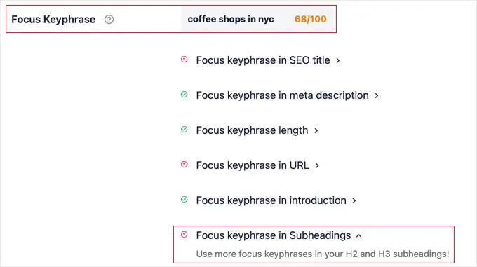 AIOSEO จะแนะนำเมื่อคุณควรใช้คีย์วลีโฟกัสในหัวข้อย่อยเพิ่มเติม