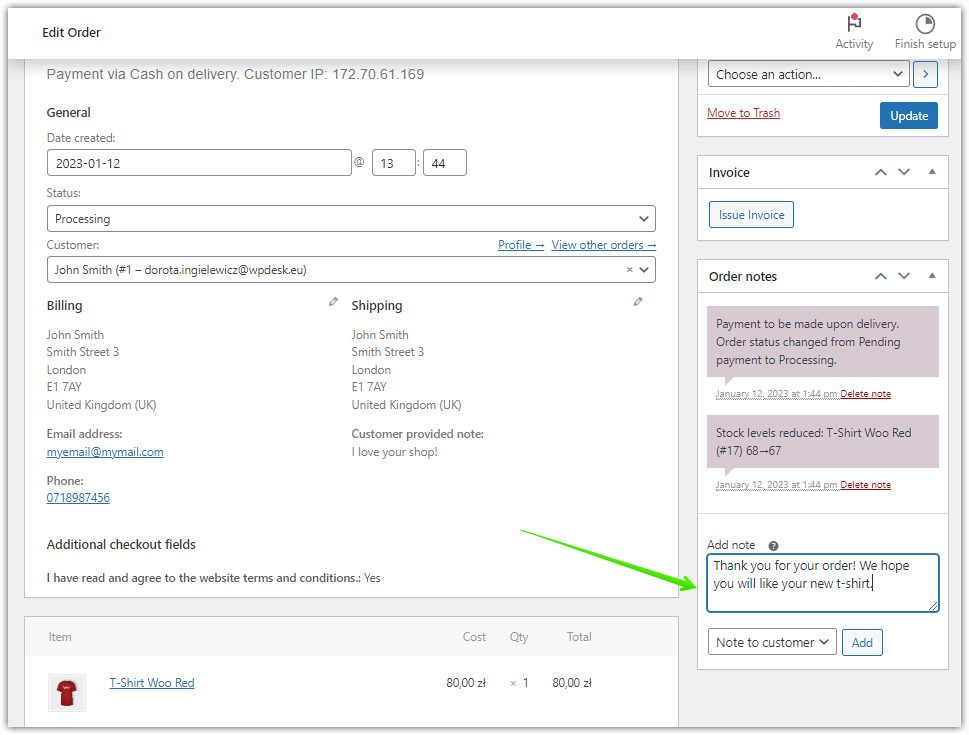 Dodaj prywatną notatkę i wyślij wiadomość do klienta z ekranu edycji zamówienia WooCommerce