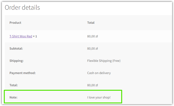 Notatka klienta wysłana do zamówienia WooCommerce za pomocą sekcji Uwagi do zamówienia