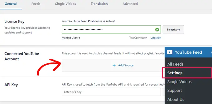 Smash Balloon YouTube settings