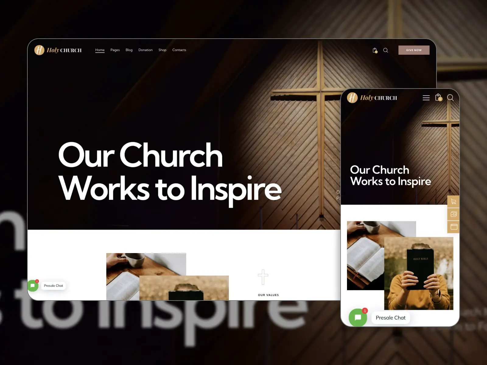 Коллаж тема WordPress The Hole Church в коричневом, черном и белом цветах.