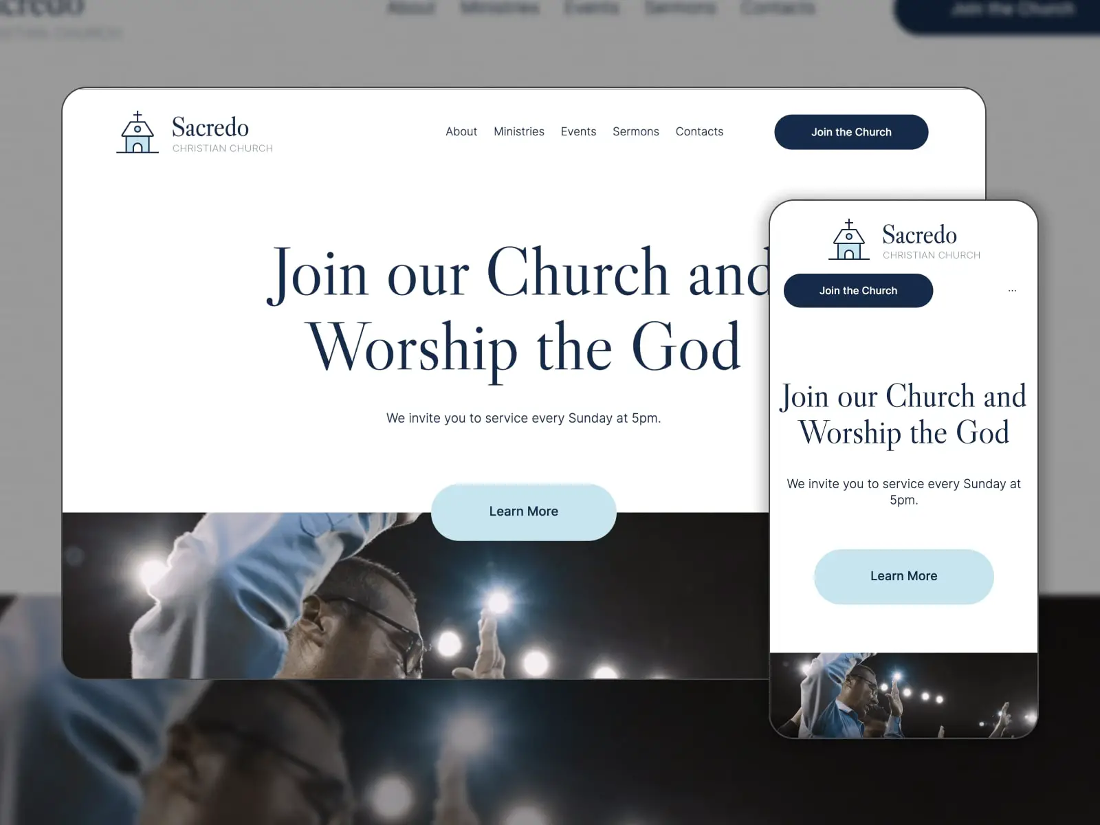 Коллаж веб-сайта WordPress церкви в темно-синих и белых тонах, созданный с использованием темы Sacredo.