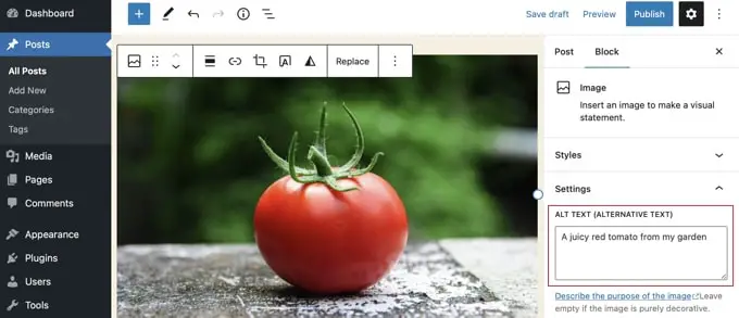 إضافة نص بديل إلى صورة في محرر قوالب WordPress