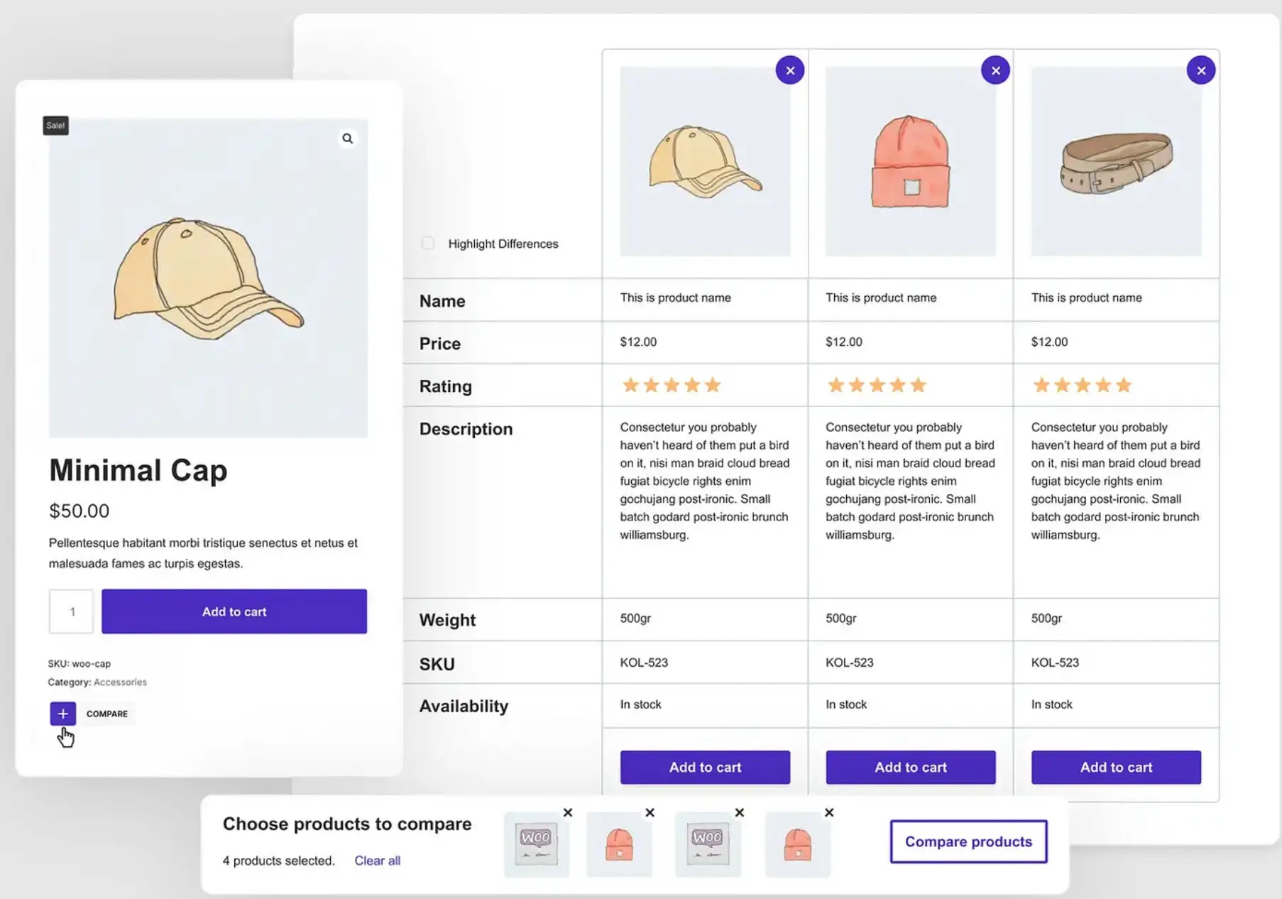 Sparks プラグインの WooCommerce 製品比較表の例