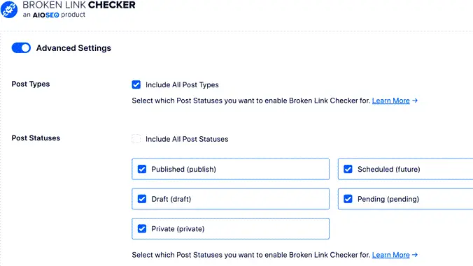 advanced settings of broken link checker