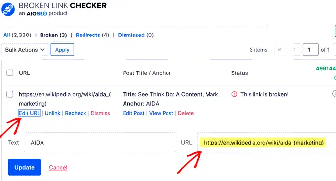 edit url in broken link checker