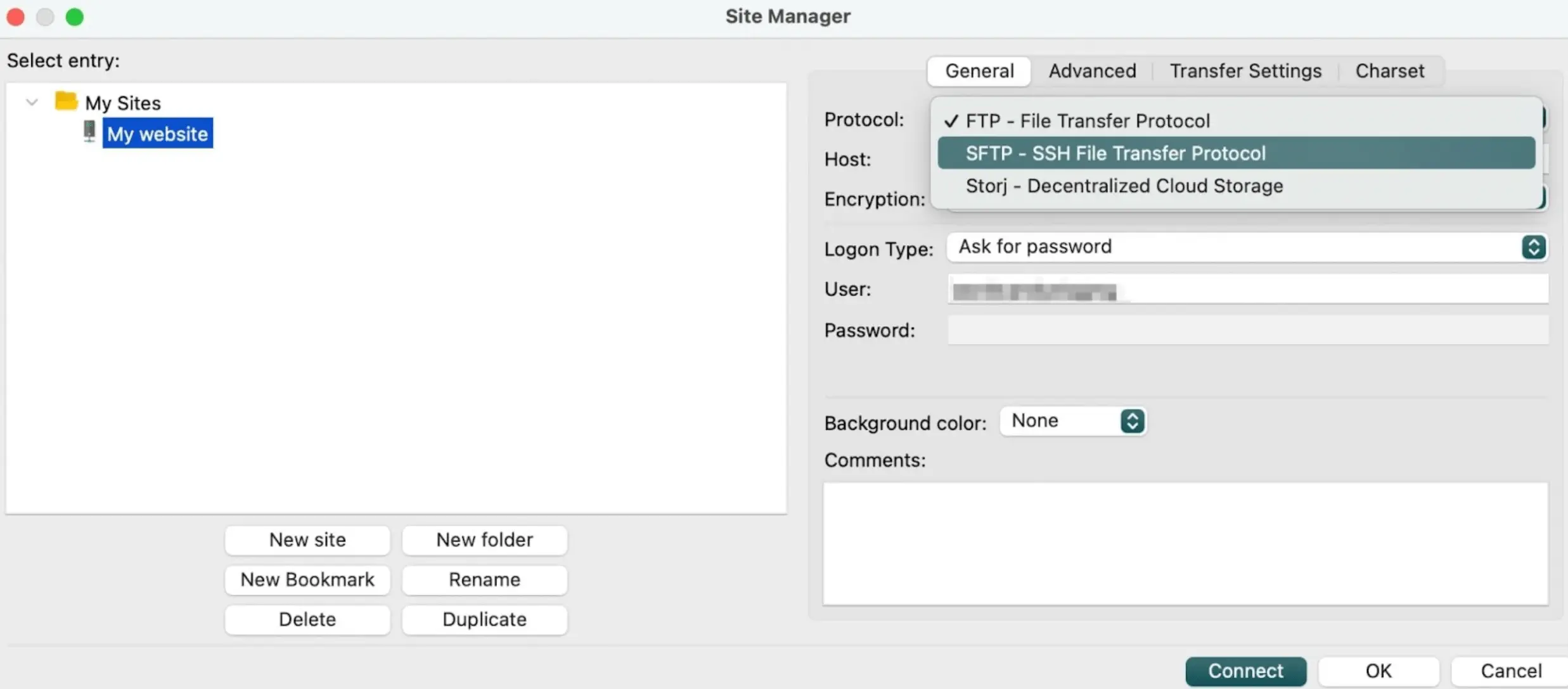 قم بتغيير FTP إلى SFTP في FileZilla