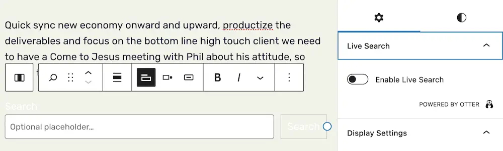 Otter Blocks içindeki kenar çubuğundaki Live AJAX Search WordPress işlevi.