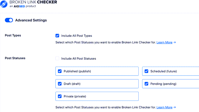 advance settings of Broken Link Checker