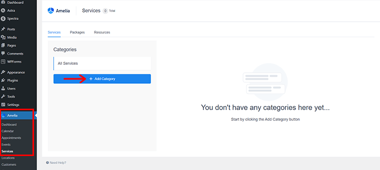 Amelia Services に移動し、[カテゴリの追加] をクリックします。