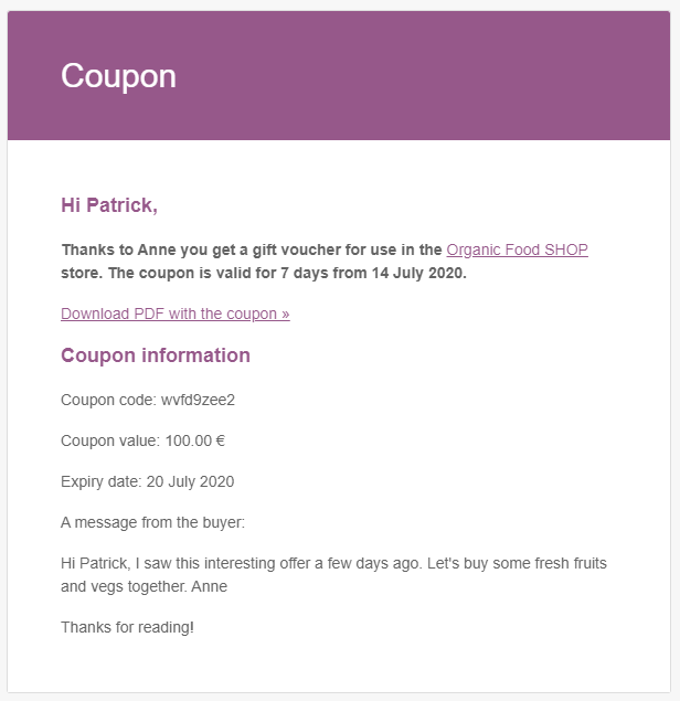 Mensaje de cupón recibido con tarjeta de regalo en WooCommerce Mail