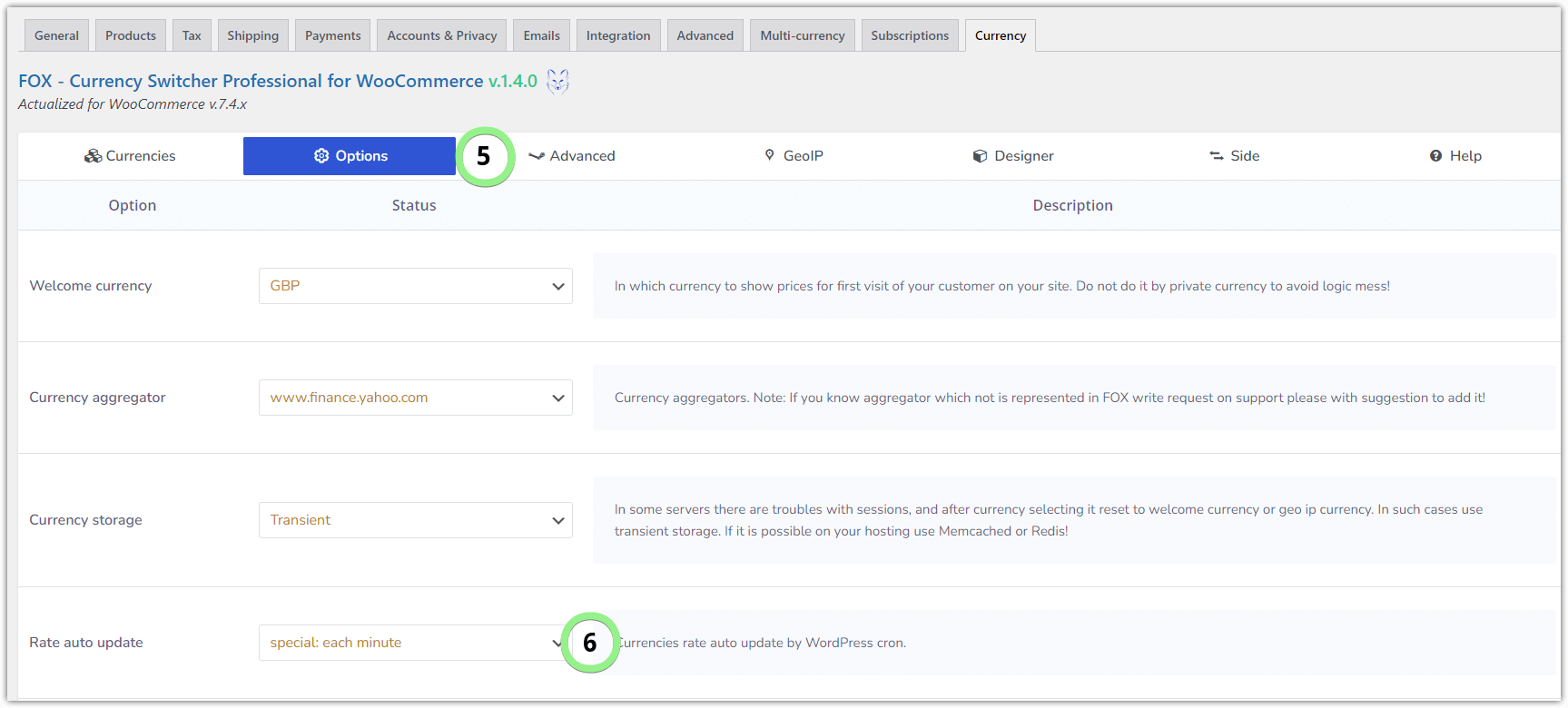 Configuración de opciones de WooCommerce Currency Switcher