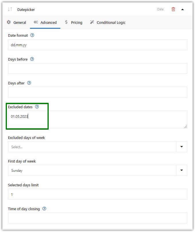 Fechas excluidas del complemento de selección de fechas de WooCommerce