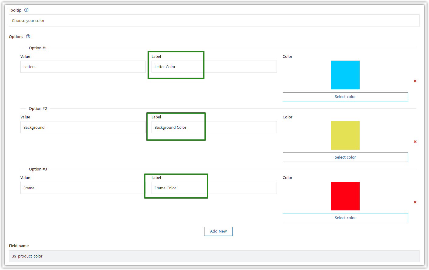 Cambie los colores de WooCommerce agregando una Radio con tipo de campo de color