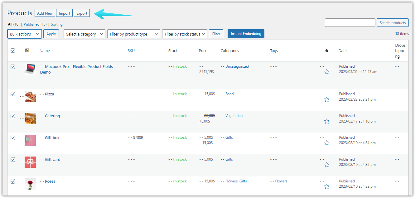 Esporta i prodotti da WooCommerce con l'opzione integrata