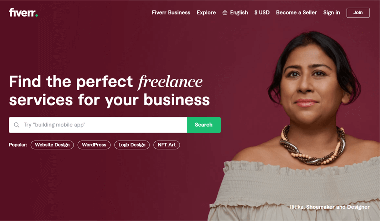 Ejemplo de sitio web de trabajo en línea de Fiverr