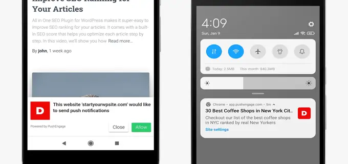 Mobile web push notifications