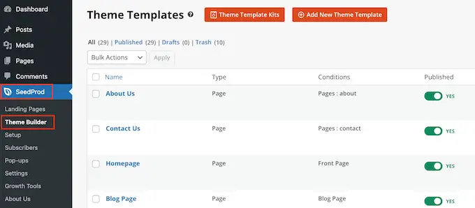 A list of template kit parts in the WordPress dashboard