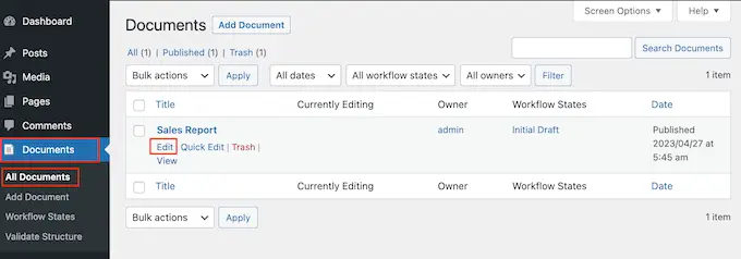 Editar la configuración de un documento en WordPress