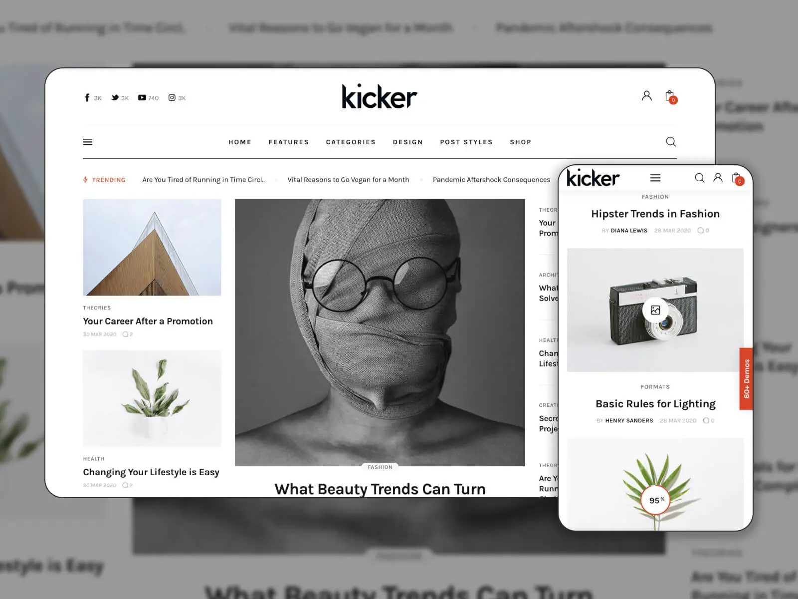 صورة مجمعة لصفحة العرض التوضيحي لموضوع Kicker WordPress في نظام ألوان فاتح.