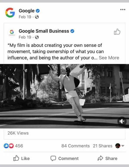 谷歌的 Facebook 页面转发了来自 google small business Facebook 页面的视频帖子