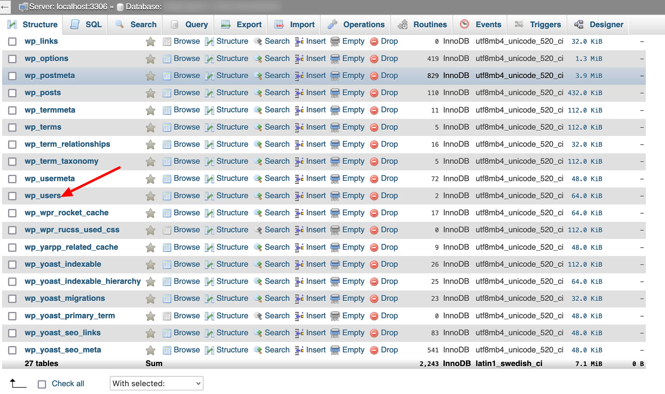 Tabel wp_users di phpMyAdmin.