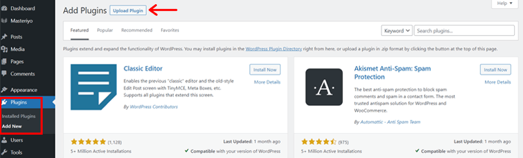 Arahkan ke Tambahkan Plugin Baru & Klik Unggah Plugin