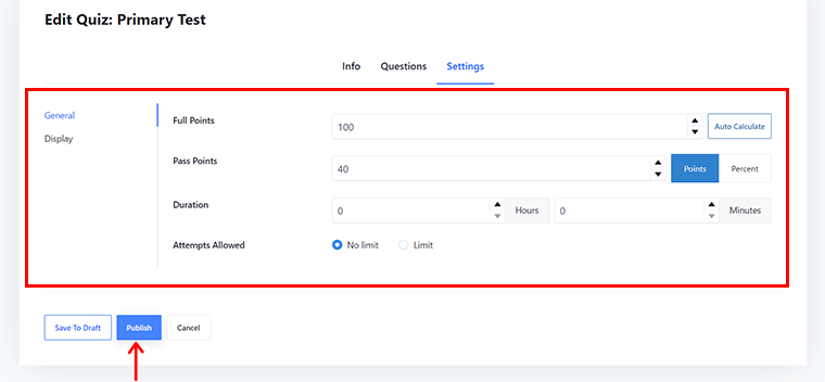 Konfigurasikan Pengaturan Kuis Lebih Lanjut & Klik Terbitkan