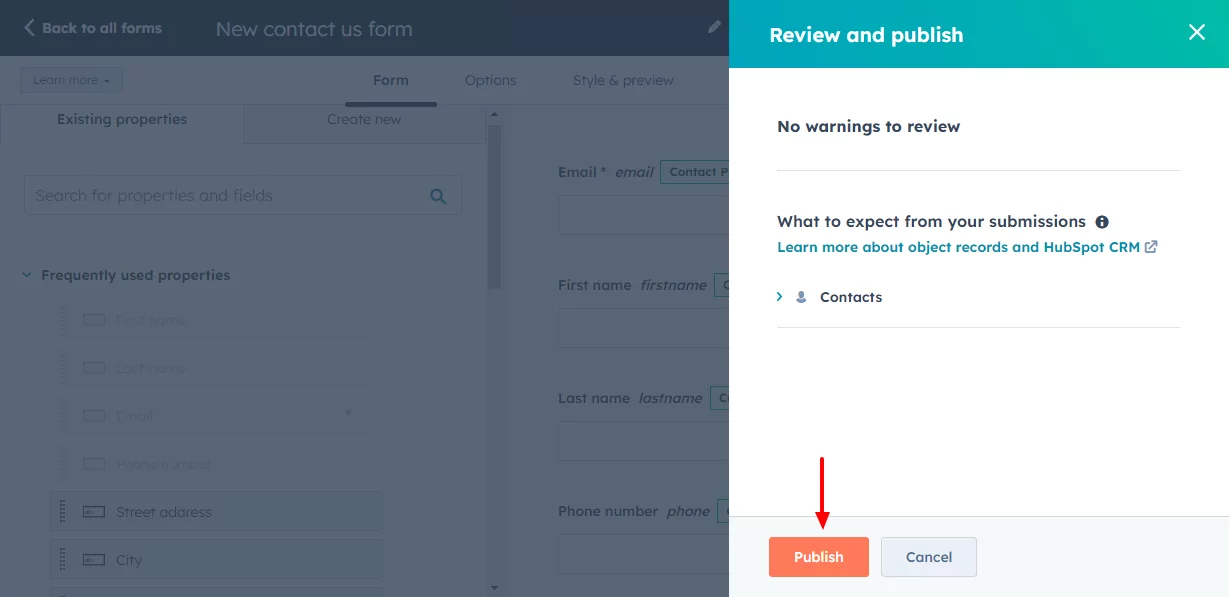 tinjau dan publikasikan formulir hubspot