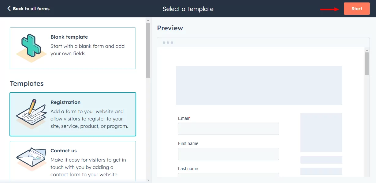 pilih templat di pembuat formulir hubspot