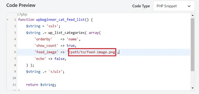 Paste the code for adding links for category RSS feeds