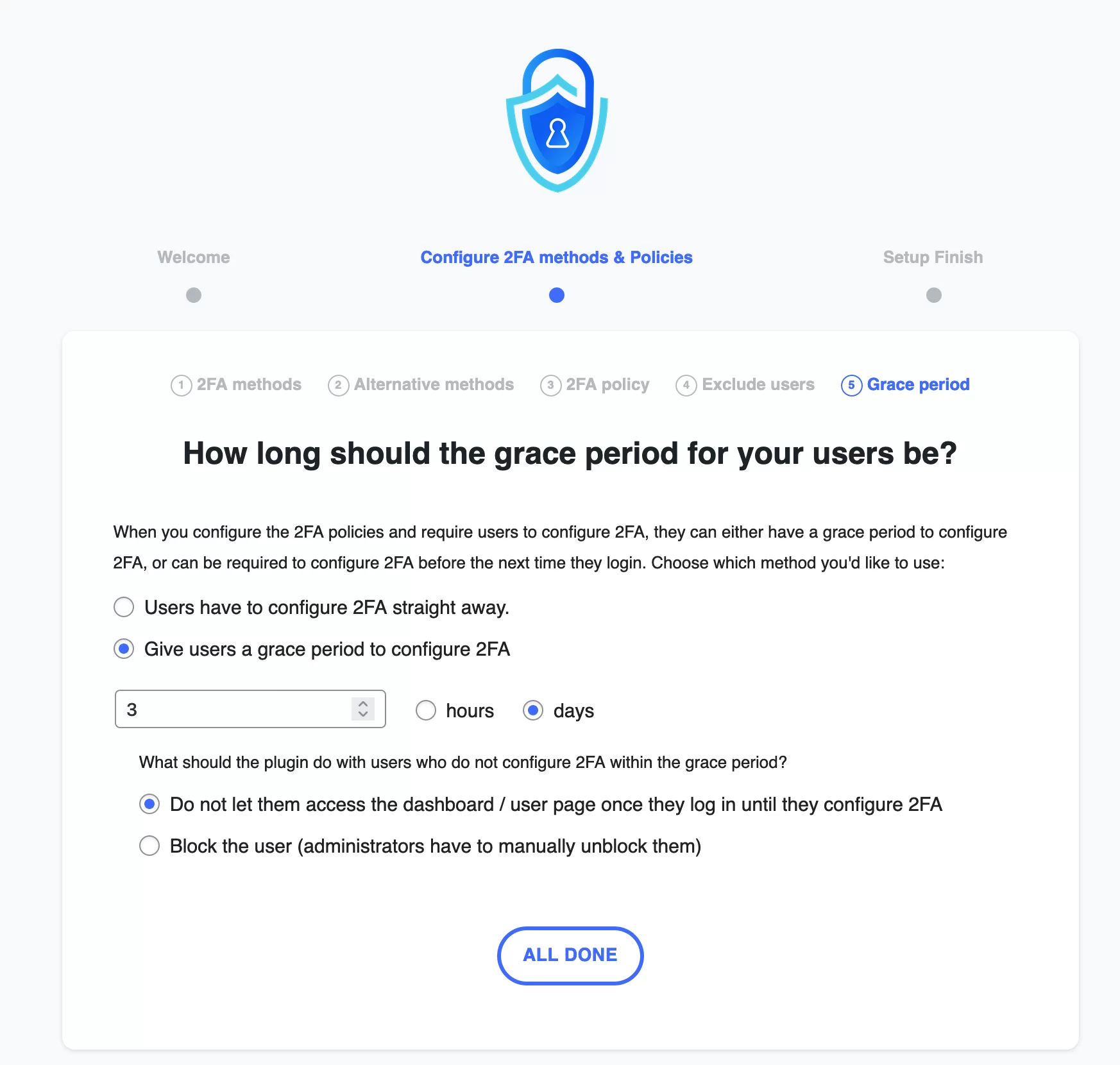WP 2FA 允許您為用戶提供配置 2FA 的寬限期。