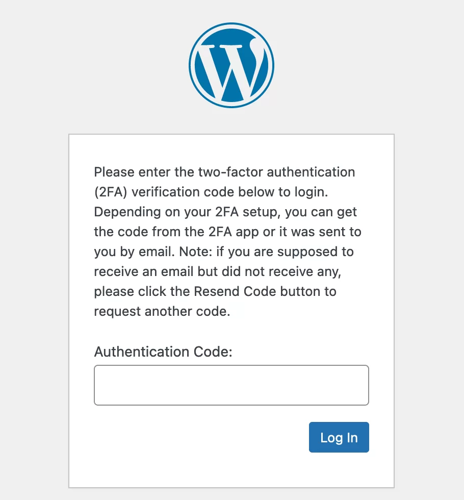 受雙因素身份驗證保護的 WordPress 站點的登錄頁面。