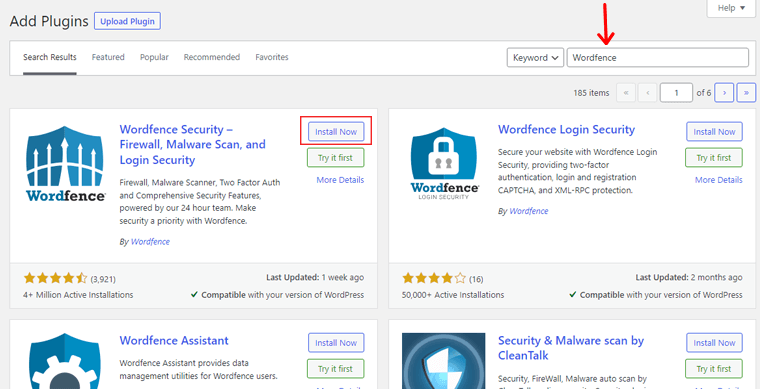 ابحث عن تثبيت وتنشيط Worfence Security Plugin