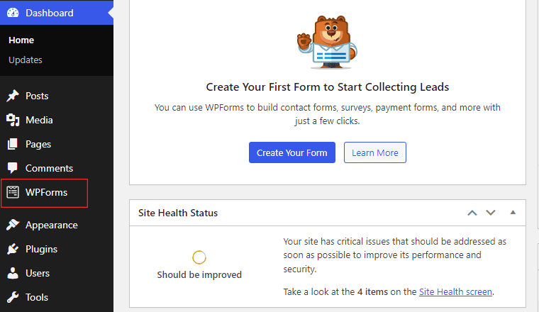 Accesați meniul WPForms din tabloul de bord