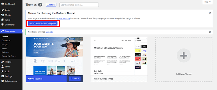 Faceți clic pe Install Kadence Starter Templates