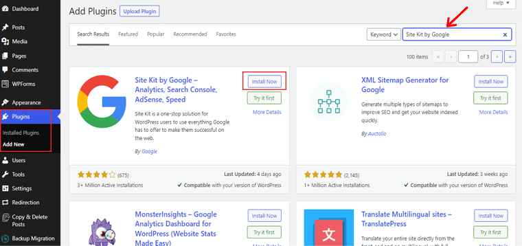 Cerca e installa Site Kit tramite Google Plugin