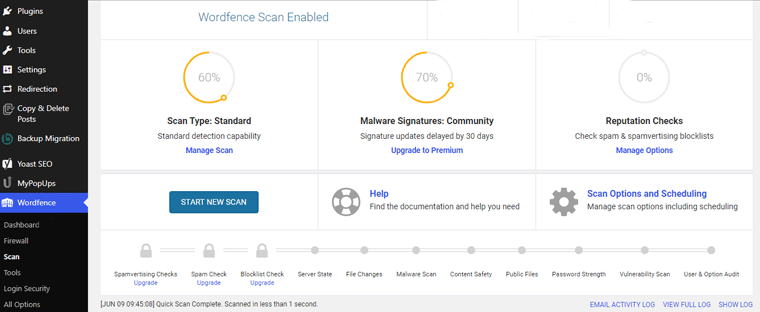 Resultado del escaneo del sitio web de Wordfence