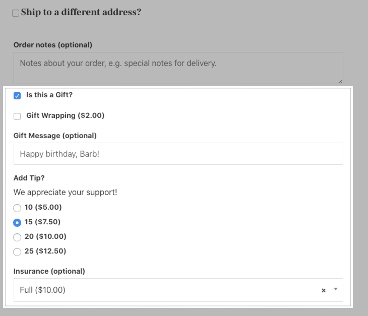 Opciones de regalo de complementos de pago de WooCommerce