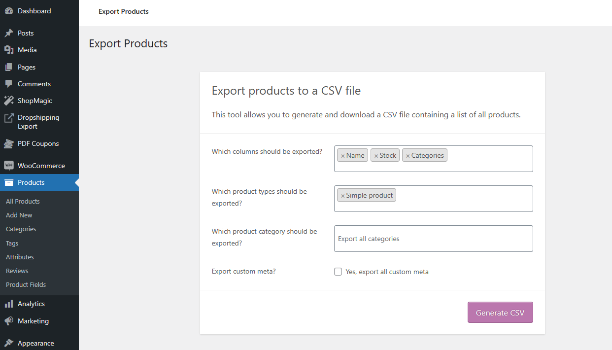 Exportar productos de WooCommerce a un CSV: exportador predeterminado