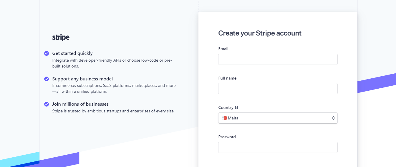 Создание учетной записи Stripe