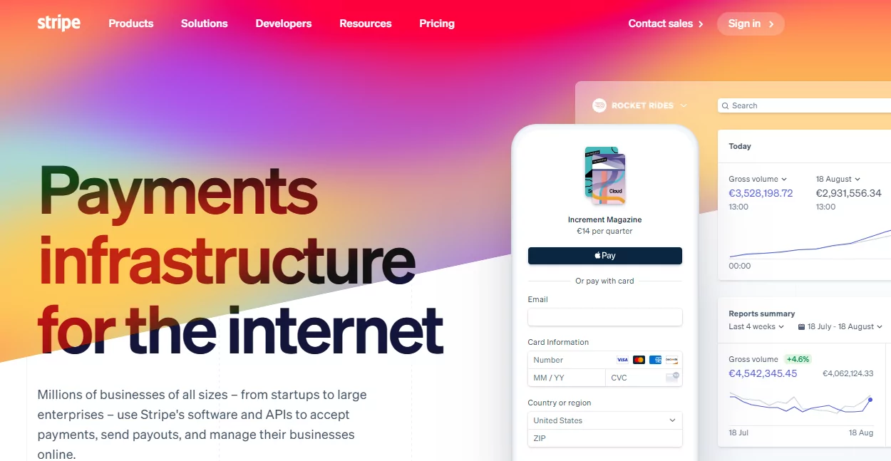 Home page di Stripe