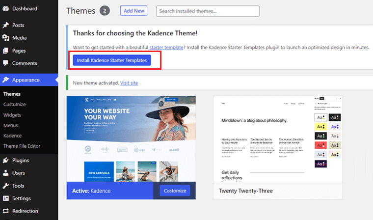 Faceți clic pe Install Kadence Starter Templates