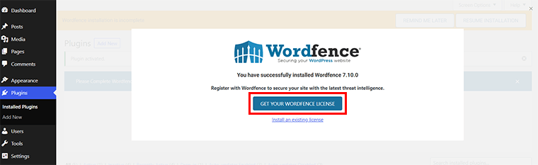 Fai clic su Ottieni la tua opzione di licenza Wordfence