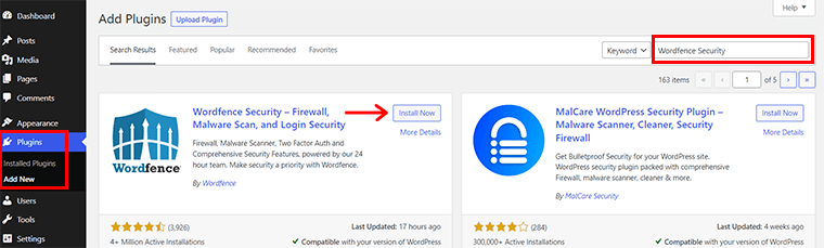 Căutați și instalați pluginul de securitate Wordfence