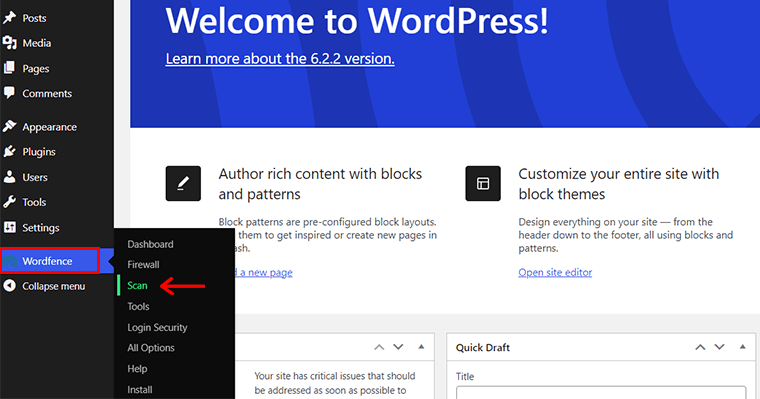 Passare a Wordfence e fare clic su Opzione di scansione