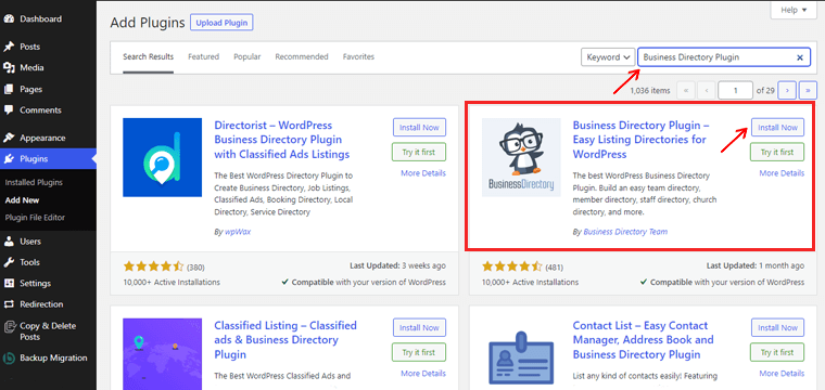 Căutați și instalați pluginul Business Directory